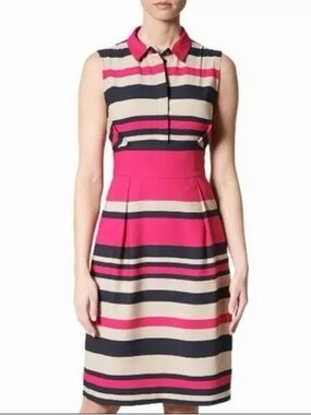 LK Bennett Sleeveless Stripe Midi Dress in Pink, Navy & Tan